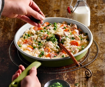 Fricassée de poulet au riz et aux légumes (Numéro d’article 01258)